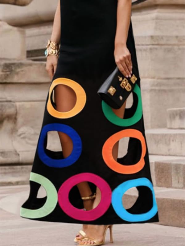 UOOZEE Women's 2025 Summer Maxi Dress Sleeveless Colorful Hollow Out A Line Long Flowy High Neck Dresses - Image 4