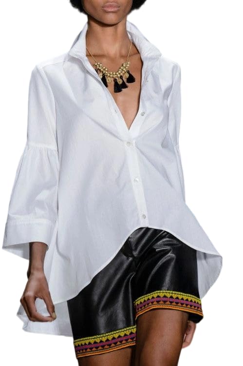 UOOZEE Women's 3/4 Flare Sleeve Cotton Blouses Button Down Irregular High Low Hem Lapel Collar V Neck Dress Shirt Tops