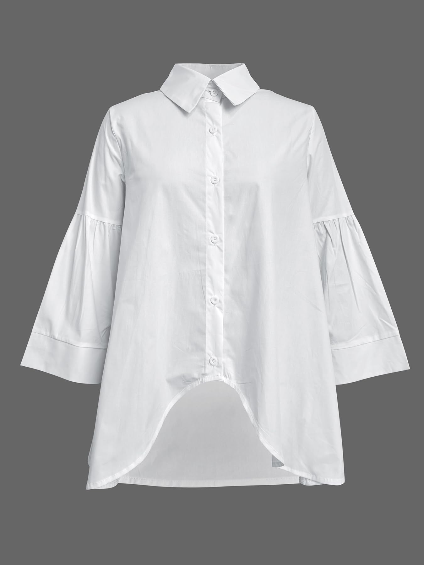 UOOZEE Women's 3/4 Flare Sleeve Cotton Blouses Button Down Irregular High Low Hem Lapel Collar V Neck Dress Shirt Tops - Image 3