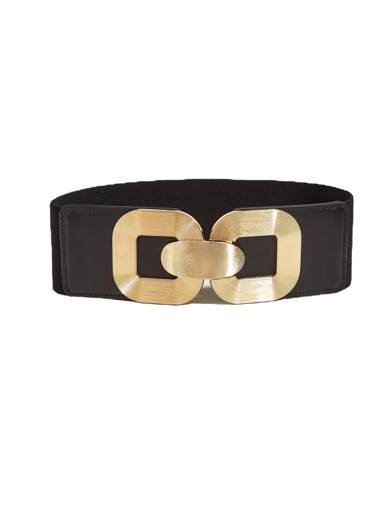 UOOZEE Women's 3 Inch Wide Black Stretch Belt Fits 26.77"-31.5" Waist Gold Double Ring Buckle Elastic Waist Belt for Dresses
