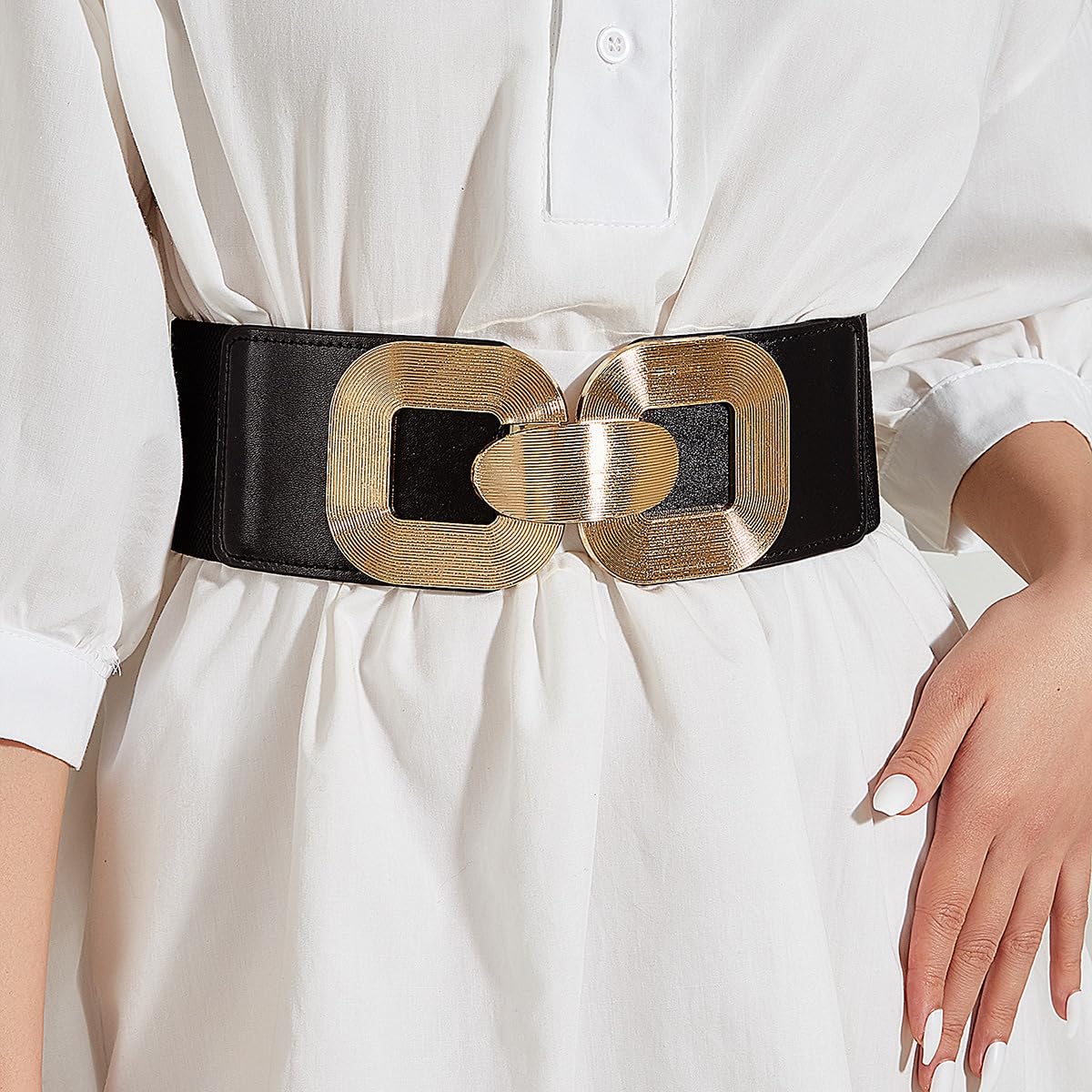 UOOZEE Women's 3 Inch Wide Black Stretch Belt Fits 26.77"-31.5" Waist Gold Double Ring Buckle Elastic Waist Belt for Dresses - Image 2