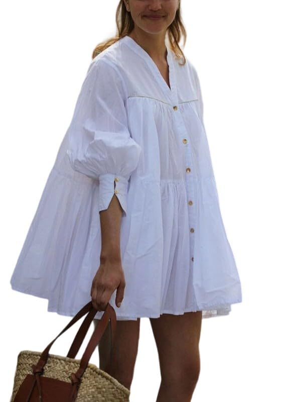 UOOZEE Women's A-Line Mini Babydoll Dress Summer Casual Long Sleeves Button Down Pleated Solid Color V-Neck Shirt Dresses