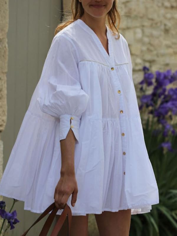 UOOZEE Women's A-Line Mini Babydoll Dress Summer Casual Long Sleeves Button Down Pleated Solid Color V-Neck Shirt Dresses - Image 2