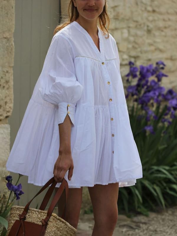 UOOZEE Women's A-Line Mini Babydoll Dress Summer Casual Long Sleeves Button Down Pleated Solid Color V-Neck Shirt Dresses - Image 3