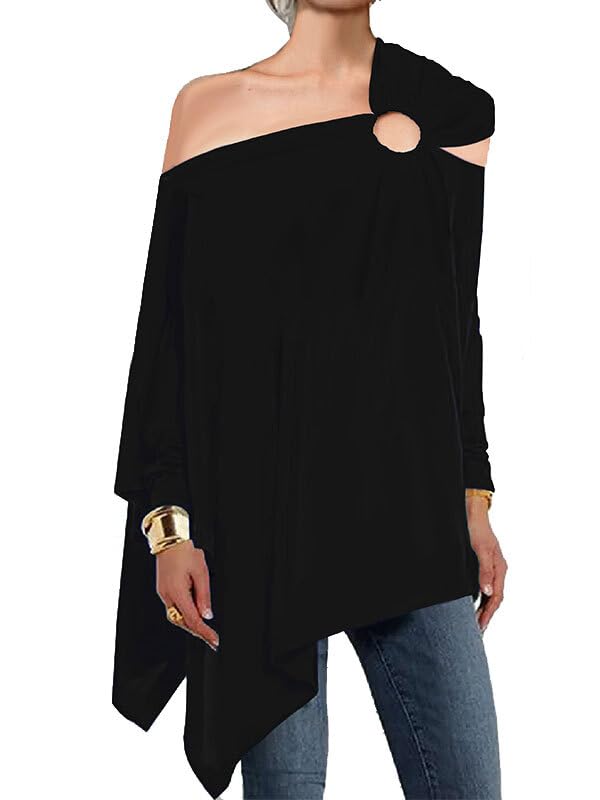 UOOZEE Women's Asymmetrical Long Sleeve Cold Shoulder Tunic Top 2025 Oversized Basic Tee Shirt