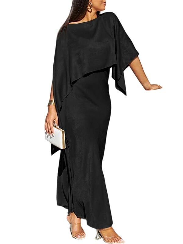 UOOZEE Women's Batwing Sleeves Cape Overlay Maxi Dress Shiny Boat Neck Evening Formal Cocktail Party Dresses