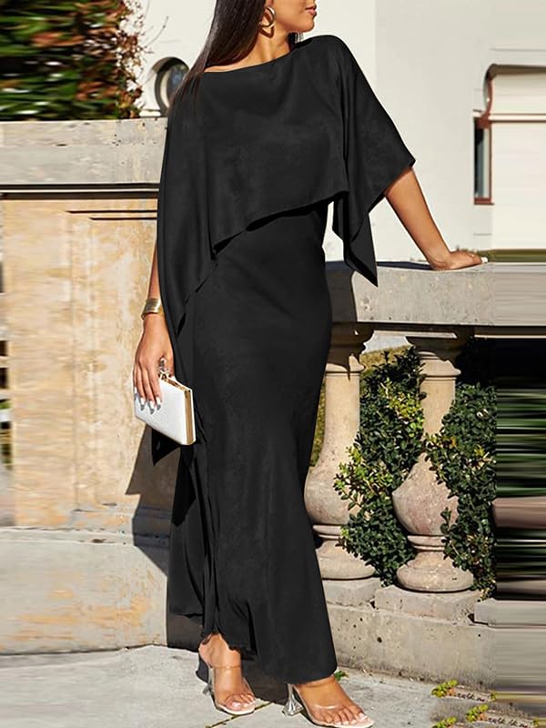 UOOZEE Women's Batwing Sleeves Cape Overlay Maxi Dress Shiny Boat Neck Evening Formal Cocktail Party Dresses - Image 2