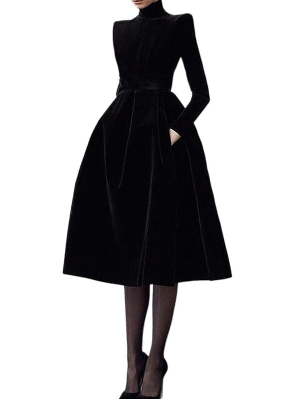 UOOZEE Women's Black Party Dress Elegant High Neck Long Sleeve Flowy A Line Formal Evening Cocktail Dresses with Pockets