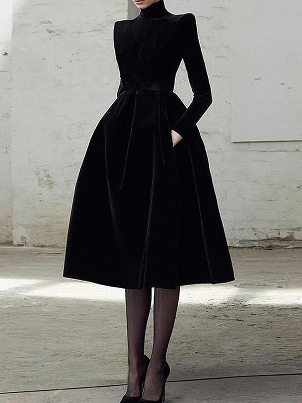 UOOZEE Women's Black Party Dress Elegant High Neck Long Sleeve Flowy A Line Formal Evening Cocktail Dresses with Pockets - Image 2