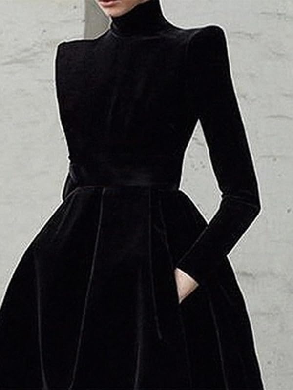 UOOZEE Women's Black Party Dress Elegant High Neck Long Sleeve Flowy A Line Formal Evening Cocktail Dresses with Pockets - Image 3
