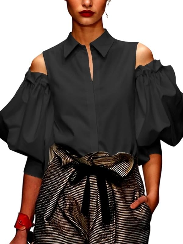 UOOZEE Women's Cut Out Cold Shoulder Cotton Summer Tops Button Down Lapel V Neck Puff Sleeve Blouses Shirts