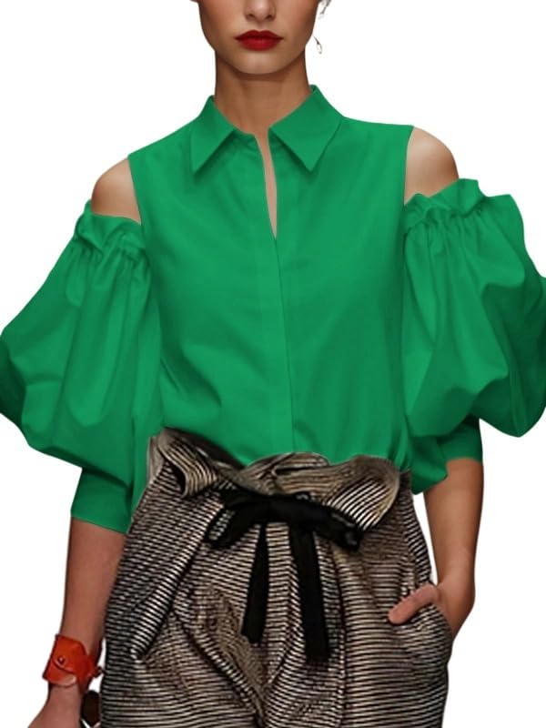UOOZEE Women's Cut Out Cold Shoulder Cotton Summer Tops Button Down Lapel V Neck Puff Sleeve Blouses Shirts