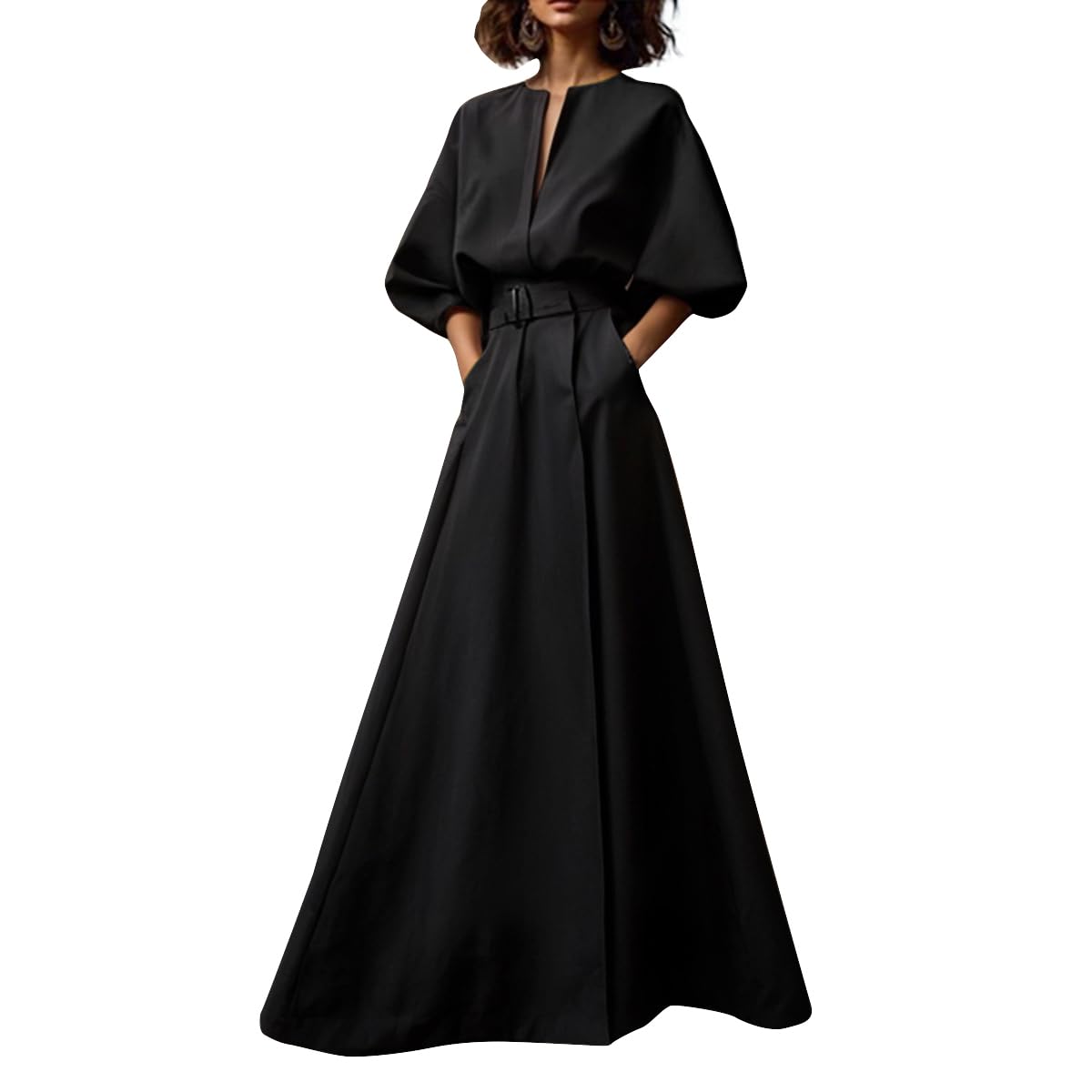 UOOZEE Women's Elegant Belted Maxi Dress Deep V-Neck Half Sleeve 2025 Formal A-Line Dressy Casual Work Dresses with Pockets
