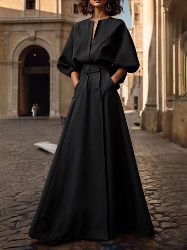 UOOZEE Women's Elegant Belted Maxi Dress Deep V-Neck Half Sleeve 2025 Formal A-Line Dressy Casual Work Dresses with Pockets - Image 2