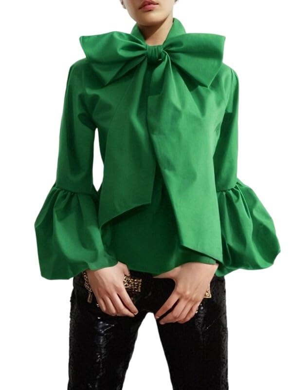 UOOZEE Women's Elegant Bow Tie Neck Blouse Long Puff Sleeve Dressy Casual Shirts Office Work Evening Party High Neck Tops