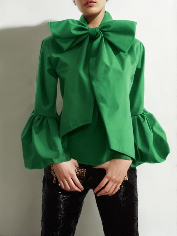 UOOZEE Women's Elegant Bow Tie Neck Blouse Long Puff Sleeve Dressy Casual Shirts Office Work Evening Party High Neck Tops - Image 2
