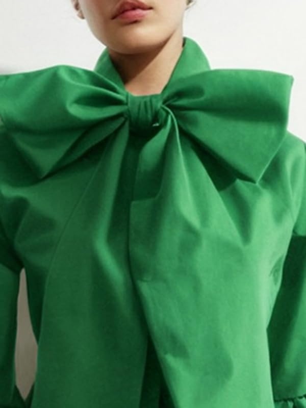UOOZEE Women's Elegant Bow Tie Neck Blouse Long Puff Sleeve Dressy Casual Shirts Office Work Evening Party High Neck Tops - Image 3