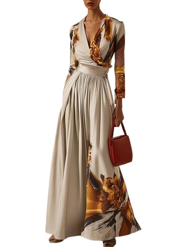 UOOZEE Women's Elegant Floral Print V Neck Jumpsuit Wide Leg High Waist Evening Party Formal Wedding Guest Long Sleeve Romper