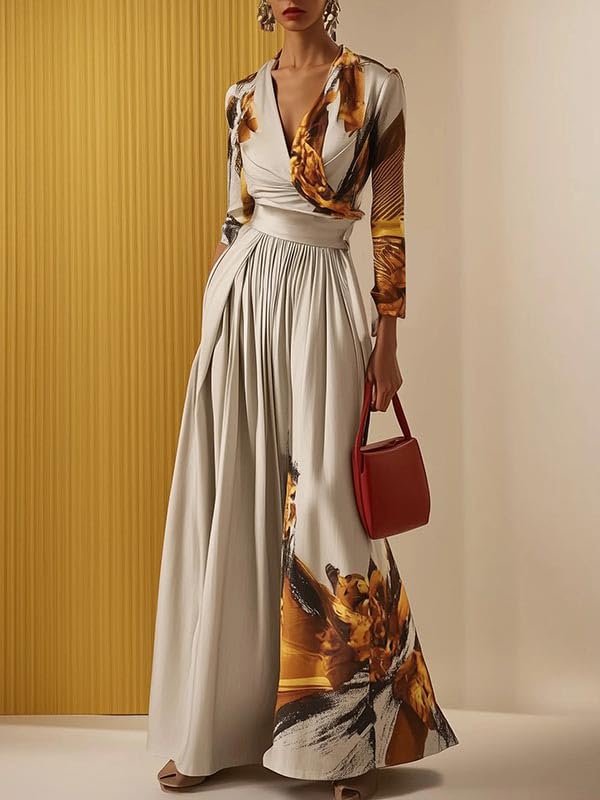 UOOZEE Women's Elegant Floral Print V Neck Jumpsuit Wide Leg High Waist Evening Party Formal Wedding Guest Long Sleeve Romper - Image 2