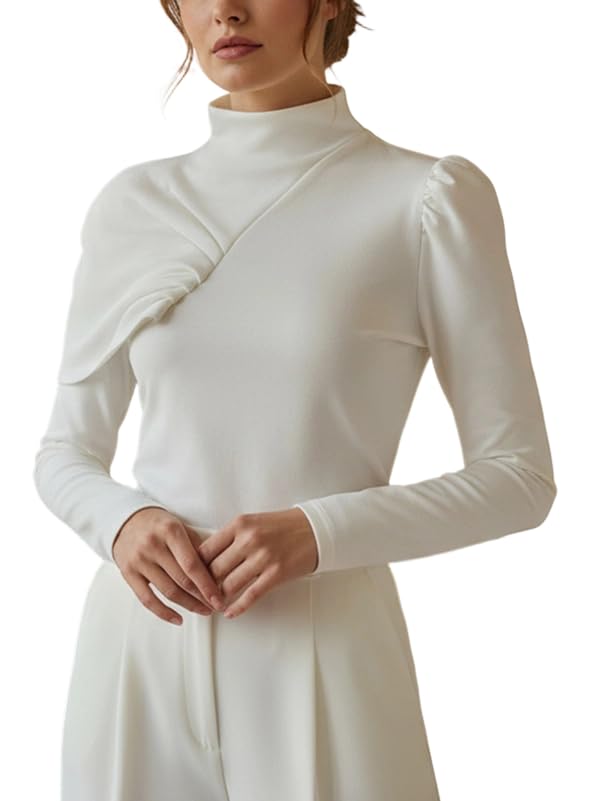 UOOZEE Women's Elegant Long Sleeve Turtleneck Top Slim Fit Asymmetric Draped Formal Casual Shirts Fall Winter Layering Blouse