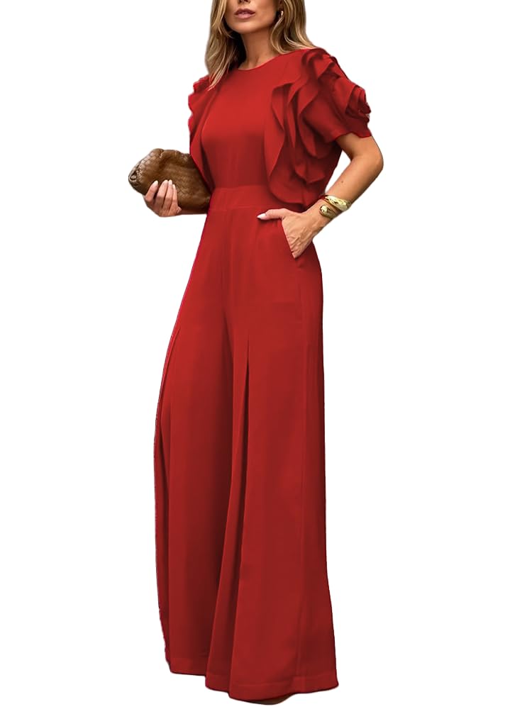 UOOZEE Women's Elegant Ruffle Sleeve Wide Leg Jumpsuit Formal Cocktail Party Wedding Guest Outfits with Pockets