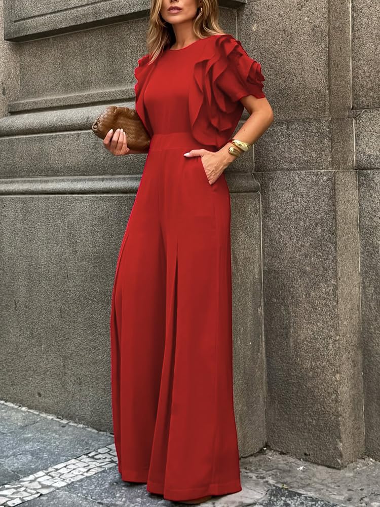 UOOZEE Women's Elegant Ruffle Sleeve Wide Leg Jumpsuit Formal Cocktail Party Wedding Guest Outfits with Pockets - Image 2