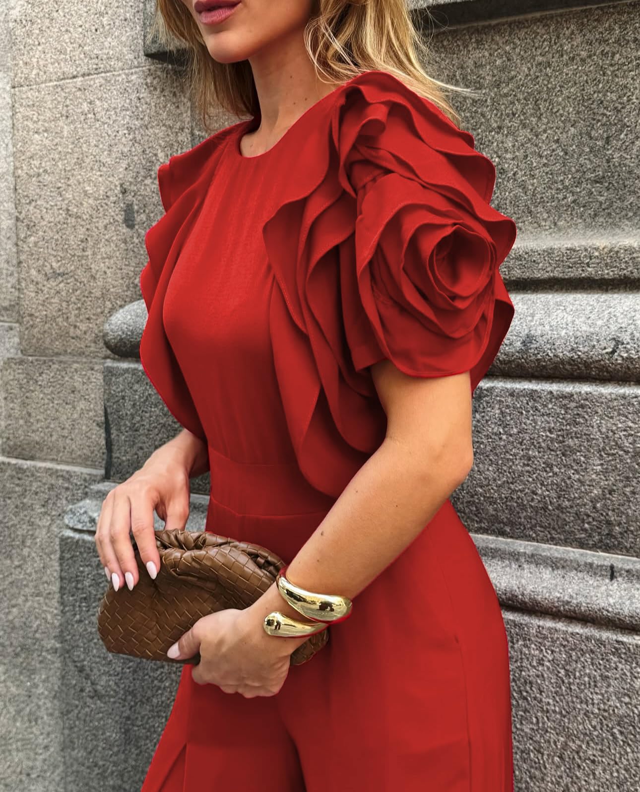 UOOZEE Women's Elegant Ruffle Sleeve Wide Leg Jumpsuit Formal Cocktail Party Wedding Guest Outfits with Pockets - Image 3