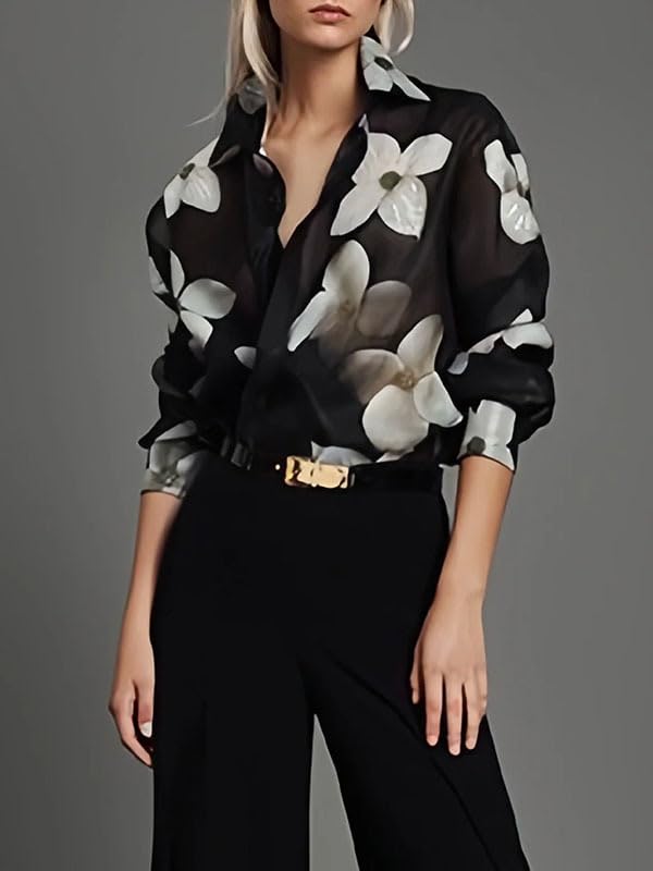 UOOZEE Women's Floral Print Blouse Fashion Button Down Lapel V Neck Long Sleeve Spring Tops Shirts - Image 2