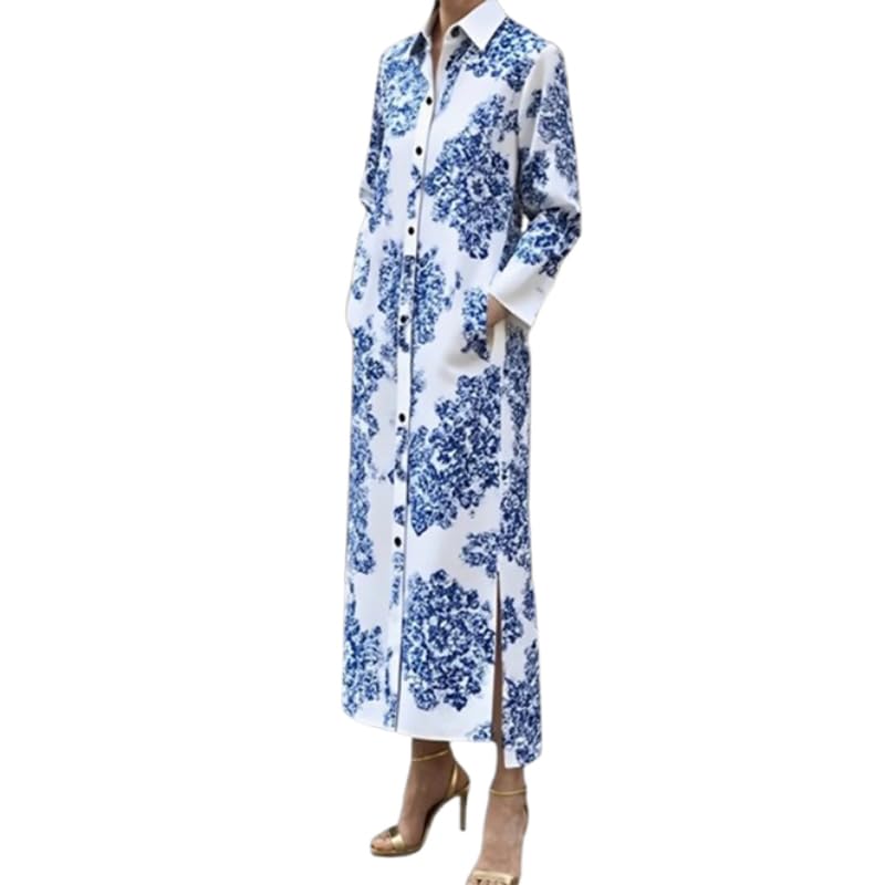 UOOZEE Women's Floral Print Button Down Lapel Shirt Dress Long Sleeves Split Hem Vintage Elegant Maxi Dresses with Pockets