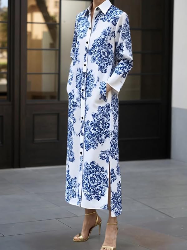 UOOZEE Women's Floral Print Button Down Lapel Shirt Dress Long Sleeves Split Hem Vintage Elegant Maxi Dresses with Pockets - Image 2