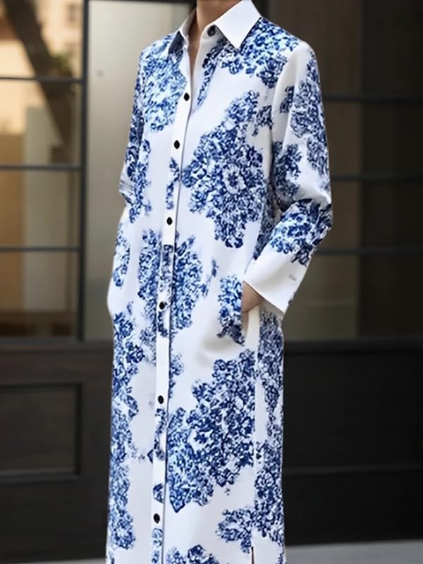 UOOZEE Women's Floral Print Button Down Lapel Shirt Dress Long Sleeves Split Hem Vintage Elegant Maxi Dresses with Pockets - Image 3