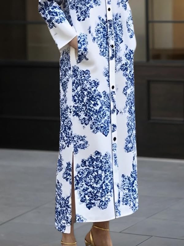 UOOZEE Women's Floral Print Button Down Lapel Shirt Dress Long Sleeves Split Hem Vintage Elegant Maxi Dresses with Pockets - Image 4