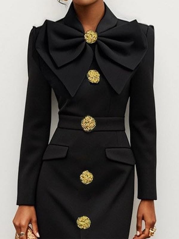 UOOZEE Women's Formal Evening Party Dress Elegant Bow Tied Buttoned Long Sleeve Slim Fit 2025 Party Midi Dresses - Image 3