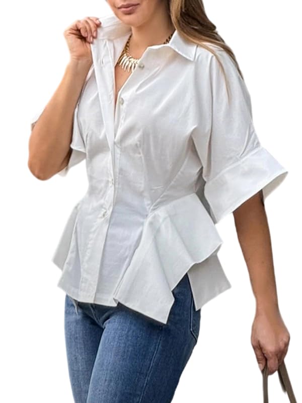 UOOZEE Women's Half Sleeve Collar V Neck Button Down Shirts Asymmetrical Hem Ruffle Loose Casual Cotton Tops Blouse