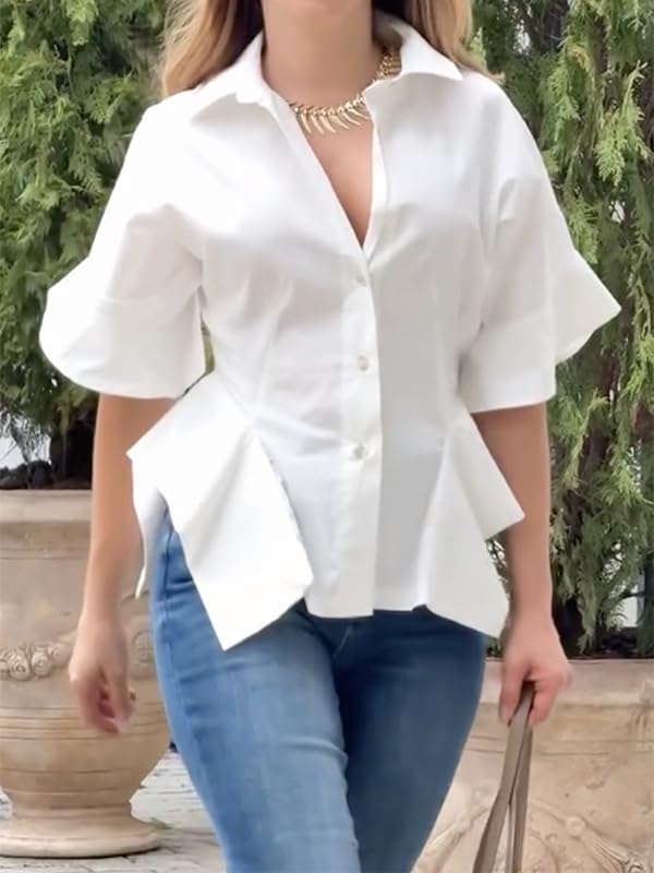UOOZEE Women's Half Sleeve Collar V Neck Button Down Shirts Asymmetrical Hem Ruffle Loose Casual Cotton Tops Blouse - Image 2