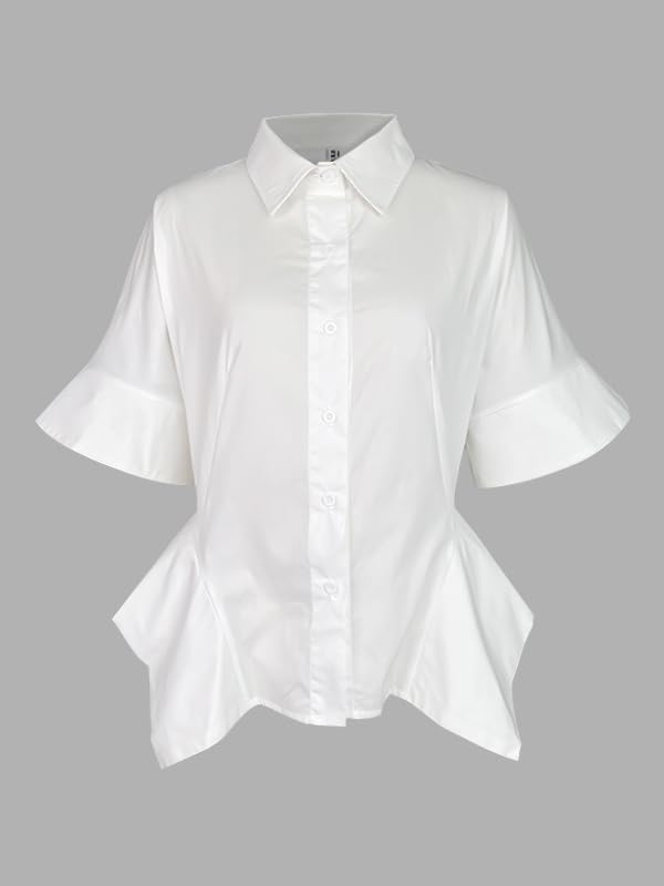 UOOZEE Women's Half Sleeve Collar V Neck Button Down Shirts Asymmetrical Hem Ruffle Loose Casual Cotton Tops Blouse - Image 5
