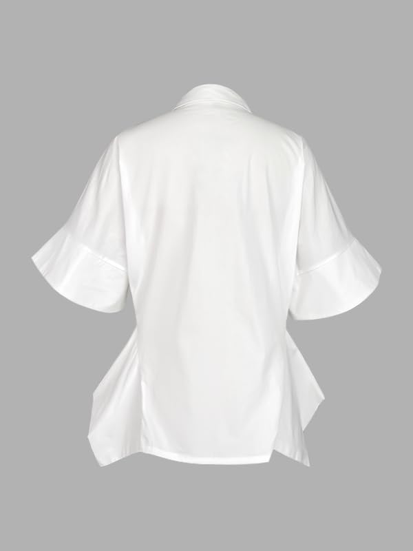 UOOZEE Women's Half Sleeve Collar V Neck Button Down Shirts Asymmetrical Hem Ruffle Loose Casual Cotton Tops Blouse - Image 6