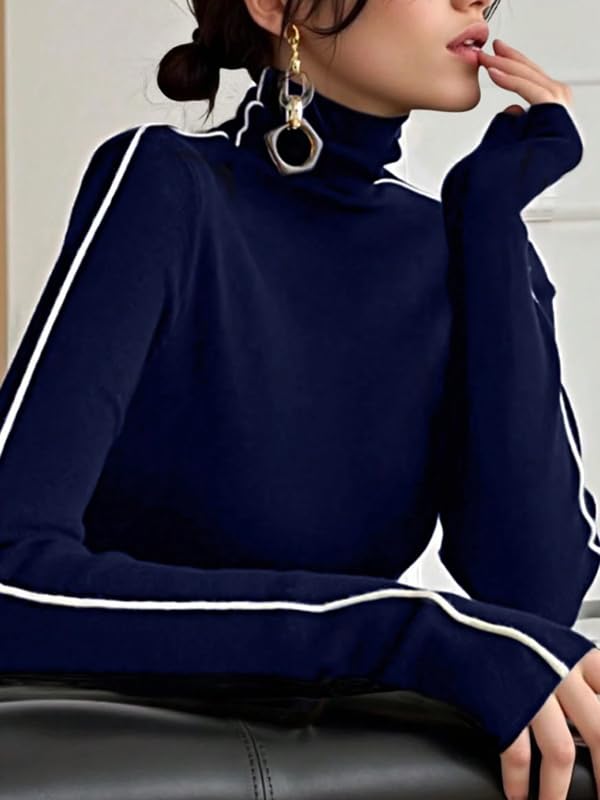 UOOZEE Women's High Neck Long Sleeve Top with Contrast White Stripes Stretchy Slim Fit Casual Basic Shirts Comfortable Blouse - Image 4