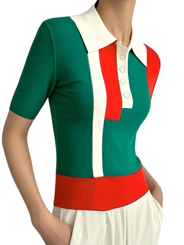 UOOZEE Women's Knitted Polo Shirt Short Sleeve Slim Fit Color Block Collar Top Comfortable Green Orange White Sweater