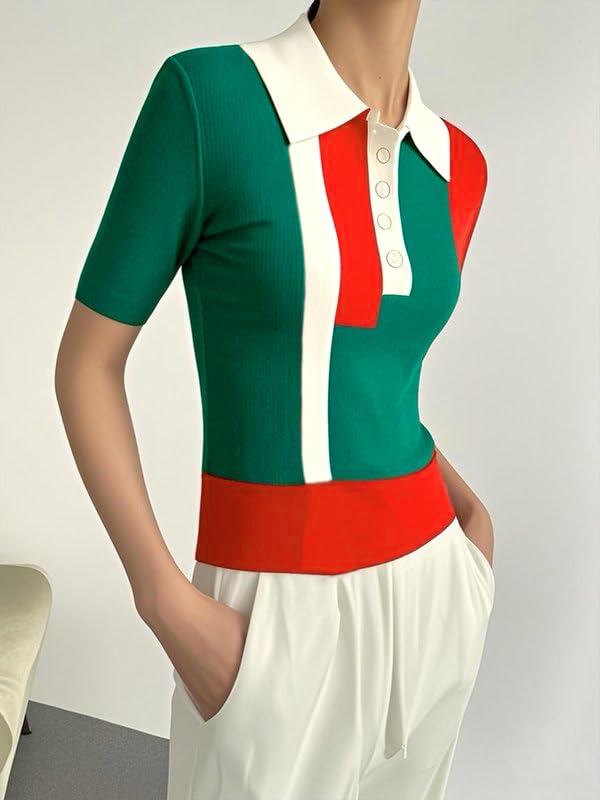 UOOZEE Women's Knitted Polo Shirt Short Sleeve Slim Fit Color Block Collar Top Comfortable Green Orange White Sweater - Image 2