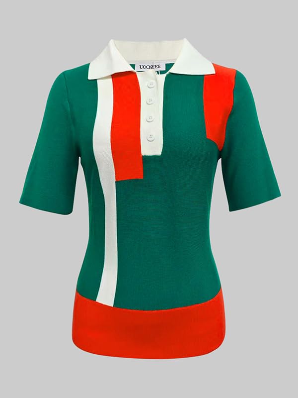 UOOZEE Women's Knitted Polo Shirt Short Sleeve Slim Fit Color Block Collar Top Comfortable Green Orange White Sweater - Image 3