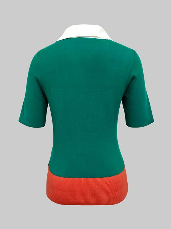 UOOZEE Women's Knitted Polo Shirt Short Sleeve Slim Fit Color Block Collar Top Comfortable Green Orange White Sweater - Image 4