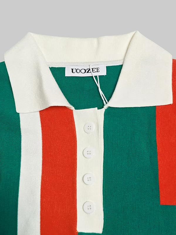 UOOZEE Women's Knitted Polo Shirt Short Sleeve Slim Fit Color Block Collar Top Comfortable Green Orange White Sweater - Image 7