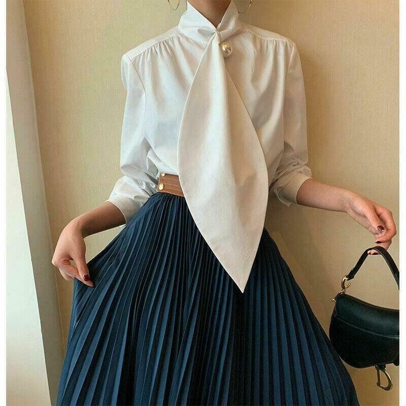 UOOZEE Women's Long Sleeve Button Down Tie Neck Blouse Dressy Casual Formal Office Work Shirt Tops - Image 7