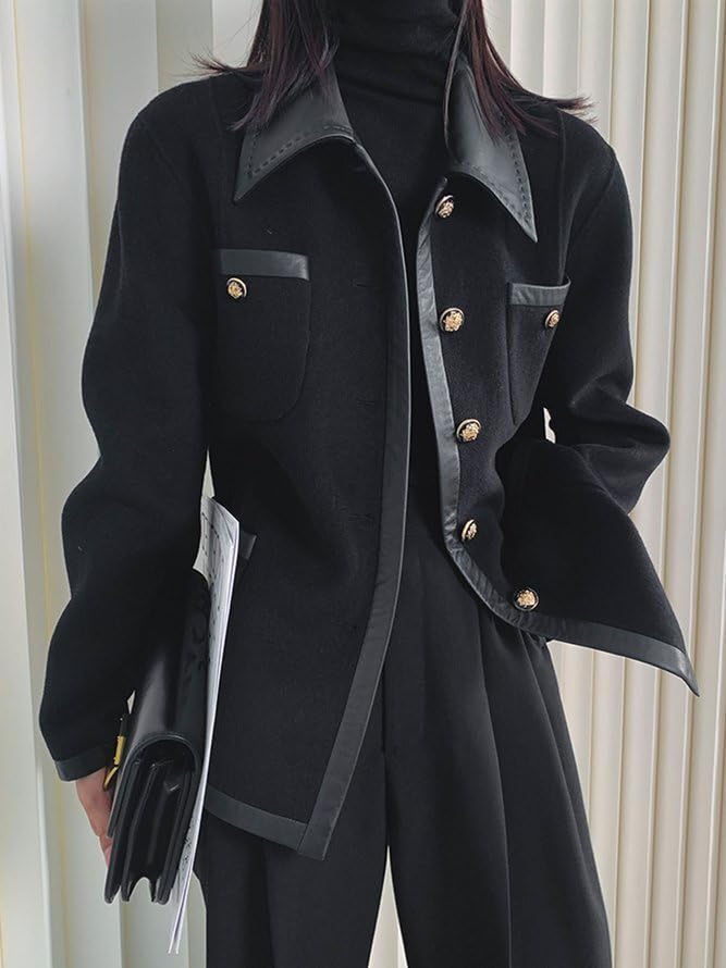 UOOZEE Women's Long Sleeve Button Down Wool Coats Faux PU Leather Jackets 2025 Blazer Outwear with Pockets - Image 3