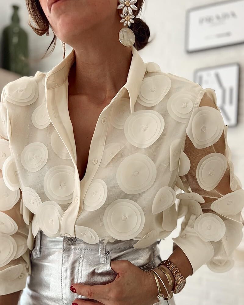 UOOZEE Women's Long Sleeve Dressy Casual Blouse Button Down Sheer Polka Dot Cocktail Party Tops Shirts - Image 2