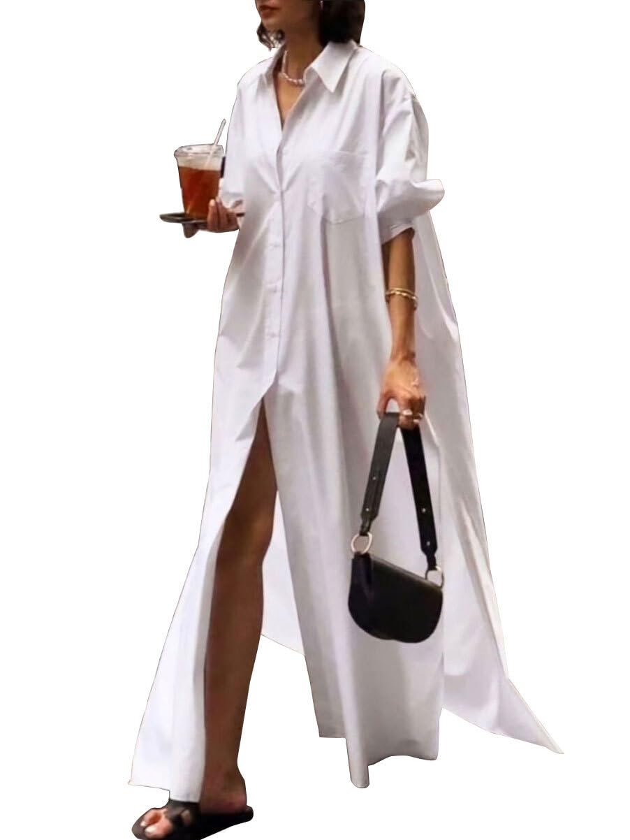 UOOZEE Women's Long Sleeve Maxi Shirt Dress Button Down Side Slit Loose Flowy Vacation Sundress