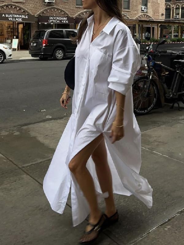 UOOZEE Women's Long Sleeve Maxi Shirt Dress Button Down Side Slit Loose Flowy Vacation Sundress - Image 2