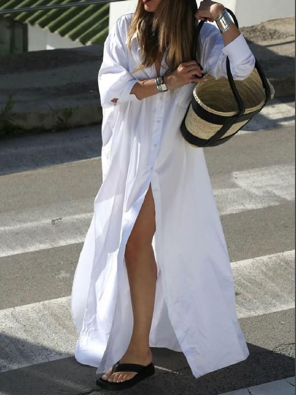 UOOZEE Women's Long Sleeve Maxi Shirt Dress Button Down Side Slit Loose Flowy Vacation Sundress - Image 4