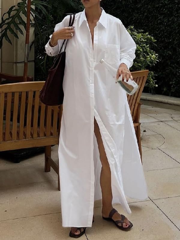 UOOZEE Women's Long Sleeve Maxi Shirt Dress Button Down Side Slit Loose Flowy Vacation Sundress - Image 7